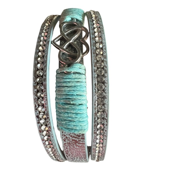Silver, Rhinestone and Turquoise Heart Infinity Wrap Bracelet - Picture 3 of 7